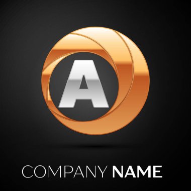 Harf A logo sembol siyah zemin üzerine altın-gümüş renkli daire içinde. Tasarımınız için vektör şablonu