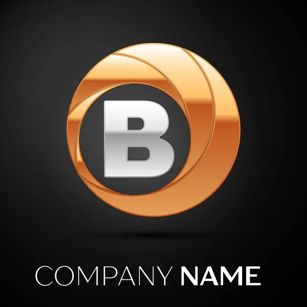 Символ логотипу літери B на золотисто-срібному барвистому колі на чорному тлі. Векторний шаблон вашого дизайну — стоковий вектор