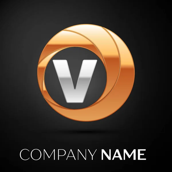 Levél V logo szimbólum a arany-ezüst színes kör a fekete háttér. A design vektor sablon — Stock Vector