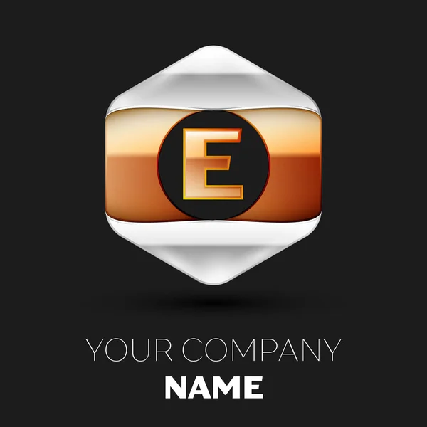 Realistické zlaté písmeno E logo symbol v barevné stříbro zlatý hexagonální tvar na černém pozadí. Vektor šablona pro návrh — Stockový vektor