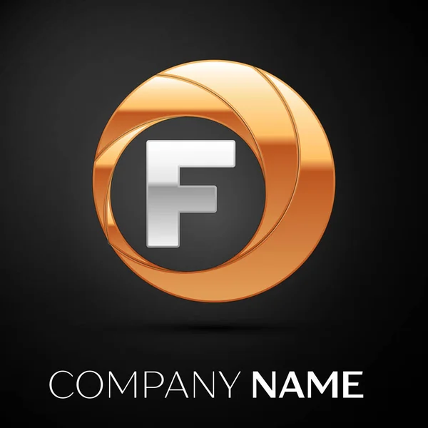 Letra F símbolo del logotipo en el círculo de oro-plata de colores sobre fondo negro. Plantilla vectorial para su diseño — Vector de stock