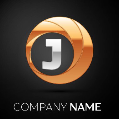 J harfi logo sembol siyah zemin üzerine altın-gümüş renkli daire içinde. Tasarımınız için vektör şablonu