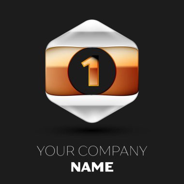 Gerçekçi numarası mektup bir logo sembol siyah arka plan üzerinde renkli gümüş-altın altıgen şeklinde. Tasarımınız için vektör şablonu