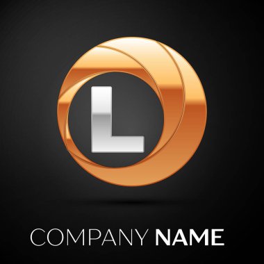 L harfi logo sembol siyah zemin üzerine altın-gümüş renkli daire içinde. Tasarımınız için vektör şablonu