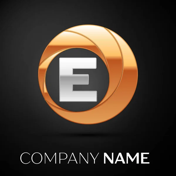 Lettera E simbolo del logo nel cerchio colorato d'oro-argento su sfondo nero. Modello vettoriale per il tuo design — Vettoriale Stock