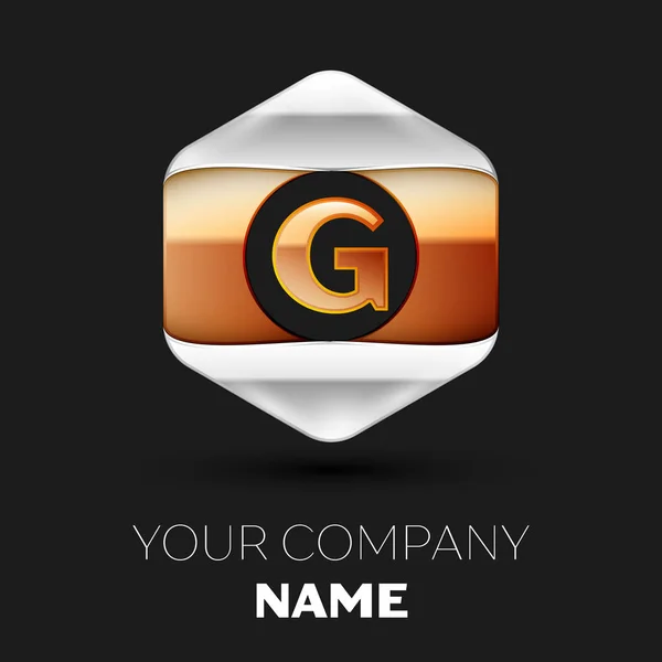 Symbole réaliste du logo de la lettre G dorée dans la forme hexagonale argent-or colorée sur fond noir. Modèle vectoriel pour votre conception — Image vectorielle