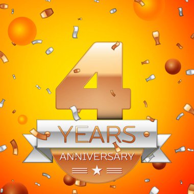 Gerçekçi dört yıl yıldönümü kutlamaları tasarım afiş. Altın numaraları ve gümüş kurdele, balon, konfeti turuncu zemin üzerine. Doğum günü partin için renkli vektör şablon öğeleri