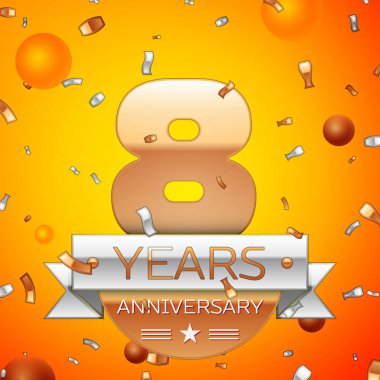 Gerçekçi sekiz yıl yıldönümü kutlamaları tasarım afiş. Altın numaraları ve gümüş kurdele, balon, konfeti turuncu zemin üzerine. Doğum günü partin için renkli vektör şablon öğeleri
