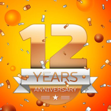 Gerçekçi on iki yıl yıldönümü kutlamaları tasarım afiş. Altın numaraları ve gümüş kurdele, balon, konfeti turuncu zemin üzerine. Doğum günü partin için renkli vektör şablon öğeleri