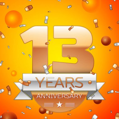 Gerçekçi onüç yıl yıldönümü kutlamaları tasarım afiş. Altın numaraları ve gümüş kurdele, balon, konfeti turuncu zemin üzerine. Doğum günü partin için renkli vektör şablon öğeleri