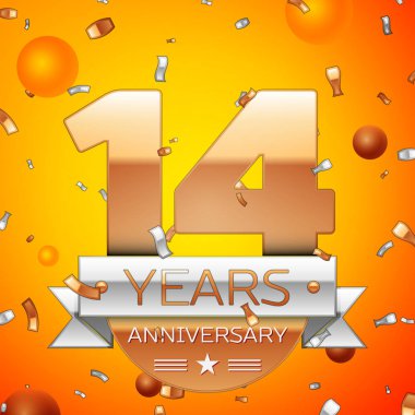 Gerçekçi on dört yıl yıldönümü kutlamaları tasarım afiş. Altın numaraları ve gümüş kurdele, balon, konfeti turuncu zemin üzerine. Doğum günü partin için renkli vektör şablon öğeleri