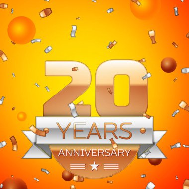 Gerçekçi yirmi yıl yıldönümü kutlamaları tasarım afiş. Altın numaraları ve gümüş kurdele, balon, konfeti turuncu zemin üzerine. Doğum günü partin için renkli vektör şablon öğeleri