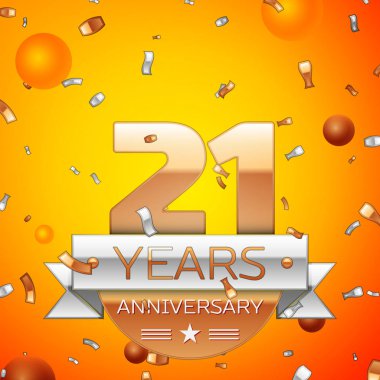 Gerçekçi yirmi bir yıl yıldönümü kutlamaları tasarım afiş. Altın numaraları ve gümüş kurdele, balon, konfeti turuncu zemin üzerine. Doğum günü partin için renkli vektör şablon öğeleri