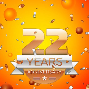 Gerçekçi yirmi iki yıl yıldönümü kutlamaları tasarım afiş. Altın numaraları ve gümüş kurdele, balon, konfeti turuncu zemin üzerine. Doğum günü partin için renkli vektör şablon öğeleri