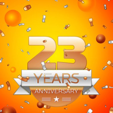 Gerçekçi yirmi üç yıl yıldönümü kutlamaları tasarım afiş. Altın numaraları ve gümüş kurdele, balon, konfeti turuncu zemin üzerine. Doğum günü partin için renkli vektör şablon öğeleri