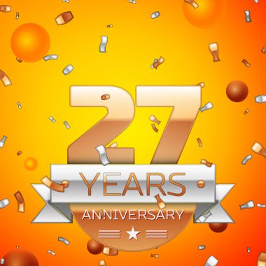 Gerçekçi yirmi yedi yıl yıldönümü kutlamaları tasarım afiş. Altın numaraları ve gümüş kurdele, balon, konfeti turuncu zemin üzerine. Doğum günü partin için renkli vektör şablon öğeleri