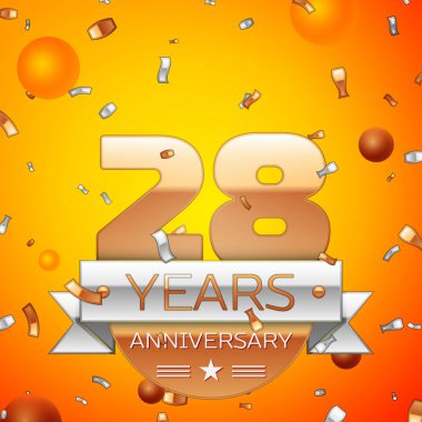 Gerçekçi yirmi sekiz yıl yıldönümü kutlamaları tasarım afiş. Altın numaraları ve gümüş kurdele, balon, konfeti turuncu zemin üzerine. Doğum günü partin için renkli vektör şablon öğeleri