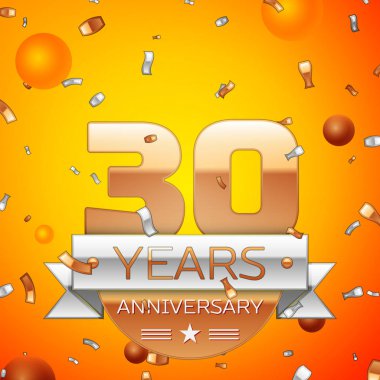 Gerçekçi otuz yıl yıldönümü kutlamaları tasarım afiş. Altın numaraları ve gümüş kurdele, balon, konfeti turuncu zemin üzerine. Doğum günü partin için renkli vektör şablon öğeleri