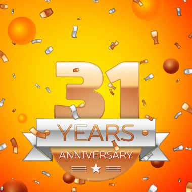 Gerçekçi otuz bir yıl yıldönümü kutlamaları tasarım afiş. Altın numaraları ve gümüş kurdele, balon, konfeti turuncu zemin üzerine. Doğum günü partin için renkli vektör şablon öğeleri