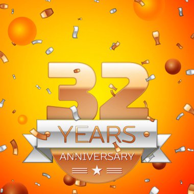 Gerçekçi otuz iki yıl yıldönümü kutlamaları tasarım afiş. Altın numaraları ve gümüş kurdele, balon, konfeti turuncu zemin üzerine. Doğum günü partin için renkli vektör şablon öğeleri