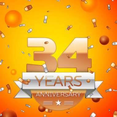 Gerçekçi otuz dört yıl yıldönümü kutlamaları tasarım afiş. Altın numaraları ve gümüş kurdele, balon, konfeti turuncu zemin üzerine. Doğum günü partin için renkli vektör şablon öğeleri