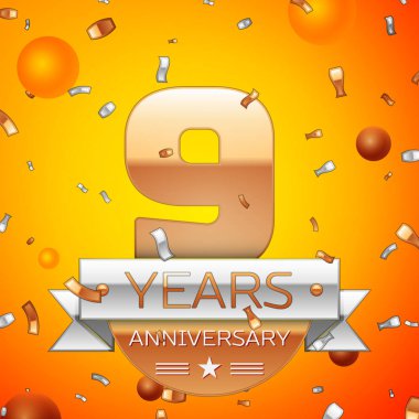 Gerçekçi dokuz yıl yıldönümü kutlamaları tasarım afiş. Altın numaraları ve gümüş kurdele, balon, konfeti turuncu zemin üzerine. Doğum günü partin için renkli vektör şablon öğeleri
