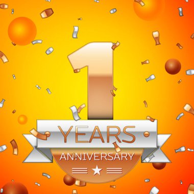 Gerçekçi bir yıl yıldönümü kutlamaları tasarım afiş. Altın numaraları ve gümüş kurdele, balon, konfeti turuncu zemin üzerine. Doğum günü partin için renkli vektör şablon öğeleri