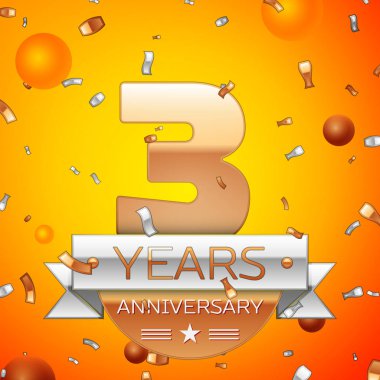 Gerçekçi üç yıl yıldönümü kutlamaları tasarım afiş. Altın numaraları ve gümüş kurdele, balon, konfeti turuncu zemin üzerine. Doğum günü partin için renkli vektör şablon öğeleri