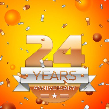 Gerçekçi yirmi dört yıl yıldönümü kutlamaları tasarım afiş. Altın numaraları ve gümüş kurdele, balon, konfeti turuncu zemin üzerine. Doğum günü partin için renkli vektör şablon öğeleri