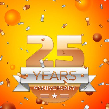 Gerçekçi yirmi beş yıl yıldönümü kutlamaları tasarım afiş. Altın numaraları ve gümüş kurdele, balon, konfeti turuncu zemin üzerine. Doğum günü partin için renkli vektör şablon öğeleri