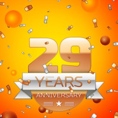 Gerçekçi yirmi dokuz yıl yıldönümü kutlamaları tasarım afiş. Altın numaraları ve gümüş kurdele, balon, konfeti turuncu zemin üzerine. Doğum günü partin için renkli vektör şablon öğeleri