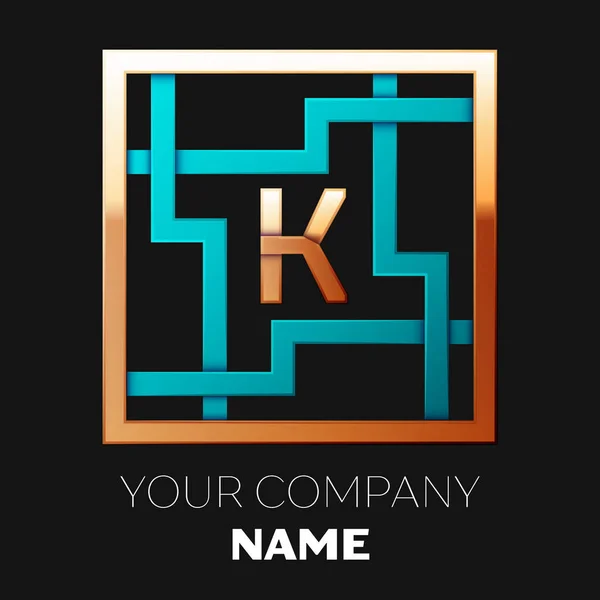 Letra dourada realista símbolo do logotipo K na forma de labirinto quadrado colorido ciano-dourado no fundo preto. O logotipo simboliza labirinto, escolha do caminho certo, soluções. Modelo de vetor para o seu projeto — Vetor de Stock