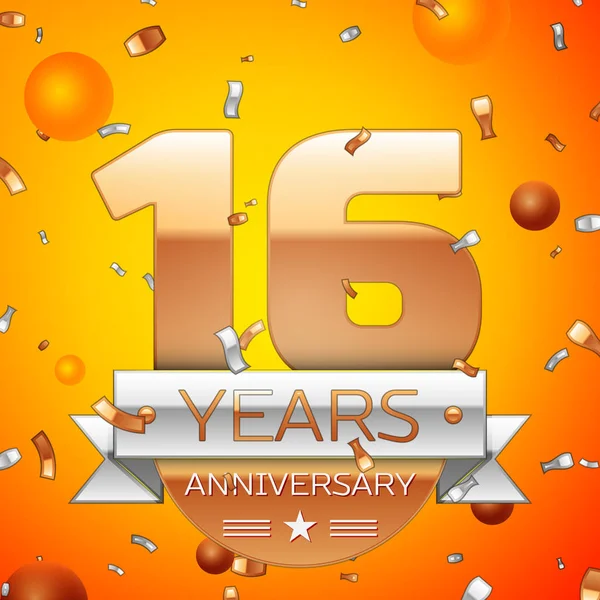 Realistic Sixteen Years Anniversary Banner de diseño de celebración. Números dorados y cinta plateada, globos, confeti sobre fondo naranja. Coloridos elementos de plantilla Vector para su fiesta de cumpleaños — Archivo Imágenes Vectoriales