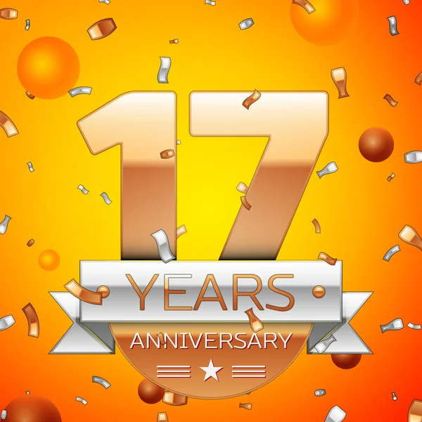 Realistiska sjutton år Anniversary Celebration design banner. Guld nummer och silver band, ballonger, konfetti på orange bakgrund. Färgglada Vector mall-element för din födelsedagsfest — Stock vektor