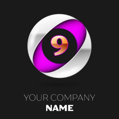 Gerçekçi altın Number Nine logo sembol siyah arka plan üzerine gümüş-mor renkli daire şeklinde. Tasarımınız için vektör şablonu