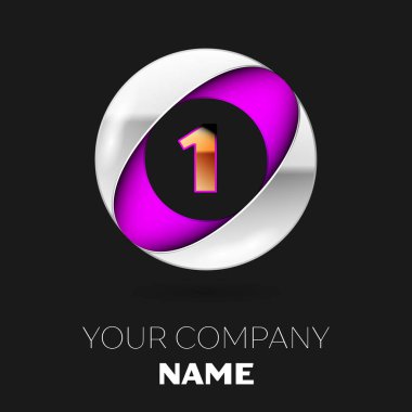 Gerçekçi altın bir logo sembol siyah arka plan üzerine gümüş-mor renkli daire şeklinde. Tasarımınız için vektör şablonu