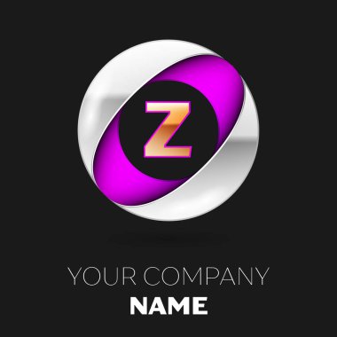Gerçekçi altın harf Z logo sembol siyah arka plan üzerine gümüş-mor renkli daire şeklinde. Tasarımınız için vektör şablonu