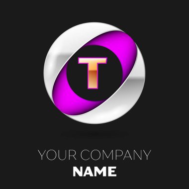 Gerçekçi altın mektup T logo sembol siyah arka plan üzerine gümüş-mor renkli daire şeklinde. Tasarımınız için vektör şablonu
