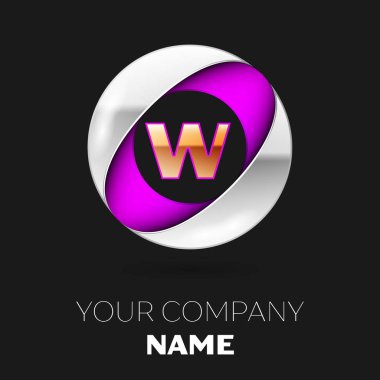 Gerçekçi altın harf W logo sembol siyah arka plan üzerine gümüş-mor renkli daire şeklinde. Tasarımınız için vektör şablonu