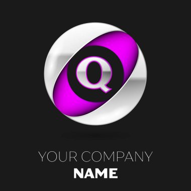 Gerçekçi gümüş harf Q logo sembol siyah arka plan üzerine gümüş-mor renkli daire şeklinde. Tasarımınız için vektör şablonu