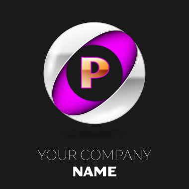 Gerçekçi altın harf P logo sembol siyah arka plan üzerine gümüş-mor renkli daire şeklinde. Tasarımınız için vektör şablonu