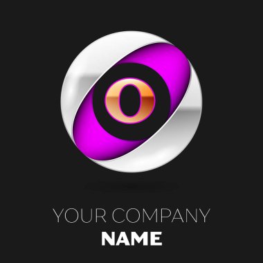 Gerçekçi altın harf O logo sembol siyah arka plan üzerine gümüş-mor renkli daire şeklinde. Tasarımınız için vektör şablonu
