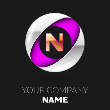 Gerçekçi altın harf N logo sembol siyah arka plan üzerine gümüş-mor renkli daire şeklinde. Tasarımınız için vektör şablonu
