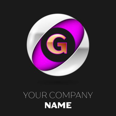 Gerçekçi altın harf G logo sembol siyah arka plan üzerine gümüş-mor renkli daire şeklinde. Tasarımınız için vektör şablonu