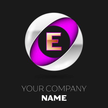 Gerçekçi altın harf E logo sembol siyah arka plan üzerine gümüş-mor renkli daire şeklinde. Tasarımınız için vektör şablonu