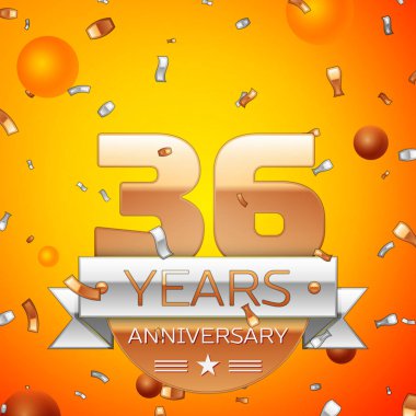 Gerçekçi otuz altı yıl yıldönümü kutlamaları tasarım afiş. Altın numaraları ve gümüş kurdele, balon, konfeti turuncu zemin üzerine. Doğum günü partin için renkli vektör şablon öğeleri