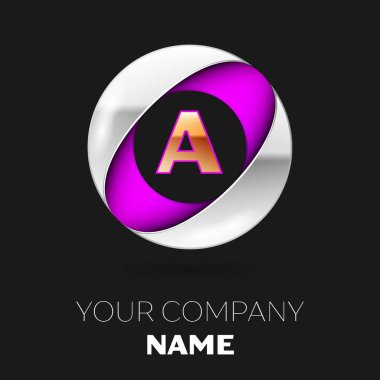 Gerçekçi altın harf logo sembol siyah arka plan üzerine gümüş-mor renkli daire şeklinde. Tasarımınız için vektör şablonu