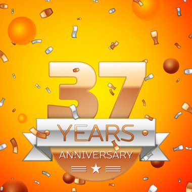 Gerçekçi otuz yedi yıl yıldönümü kutlamaları tasarım afiş. Altın numaraları ve gümüş kurdele, balon, konfeti turuncu zemin üzerine. Doğum günü partin için renkli vektör şablon öğeleri