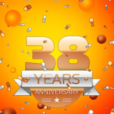 Gerçekçi otuz sekiz yıl yıldönümü kutlamaları tasarım afiş. Altın numaraları ve gümüş kurdele, balon, konfeti turuncu zemin üzerine. Doğum günü partin için renkli vektör şablon öğeleri