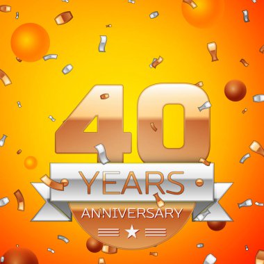 Gerçekçi kırk yıl yıldönümü kutlamaları tasarım afiş. Altın numaraları ve gümüş kurdele, balon, konfeti turuncu zemin üzerine. Doğum günü partin için renkli vektör şablon öğeleri